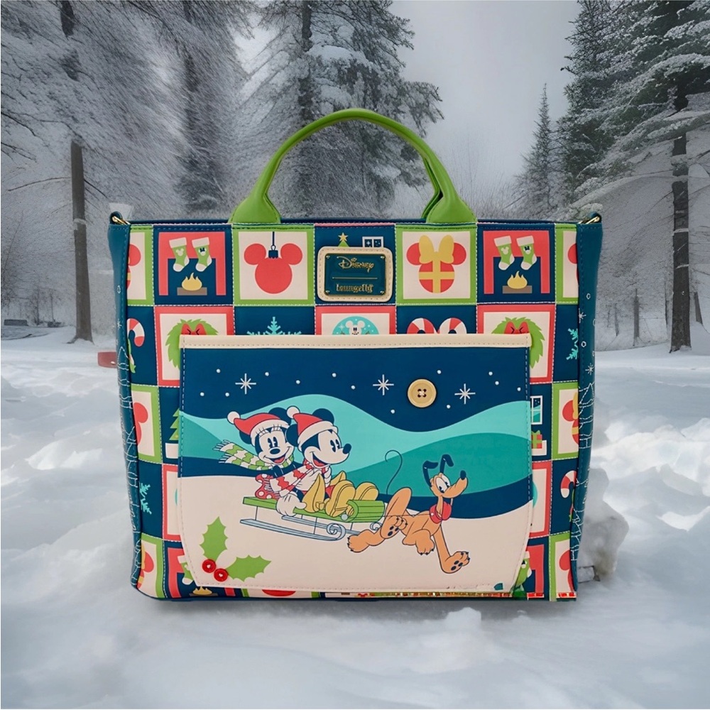 NEW Loungefly Disney MICKEY MINNIE Holiday Christmas Sleigh Ride Tote Backpack